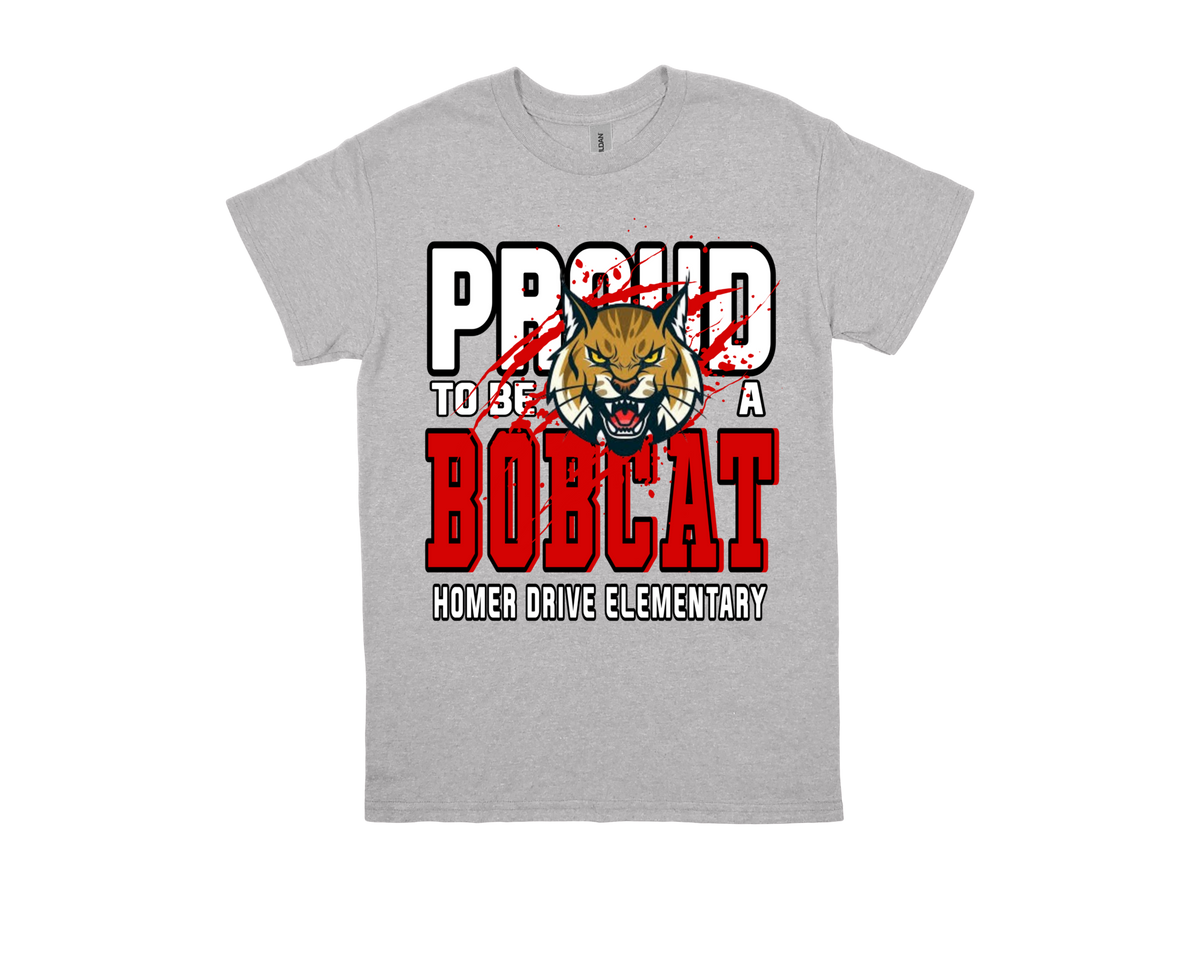 Gray Homer Drive-PROUD TO BE A BOBCAT t-shirt with school spirit design and bobcat mascot logo