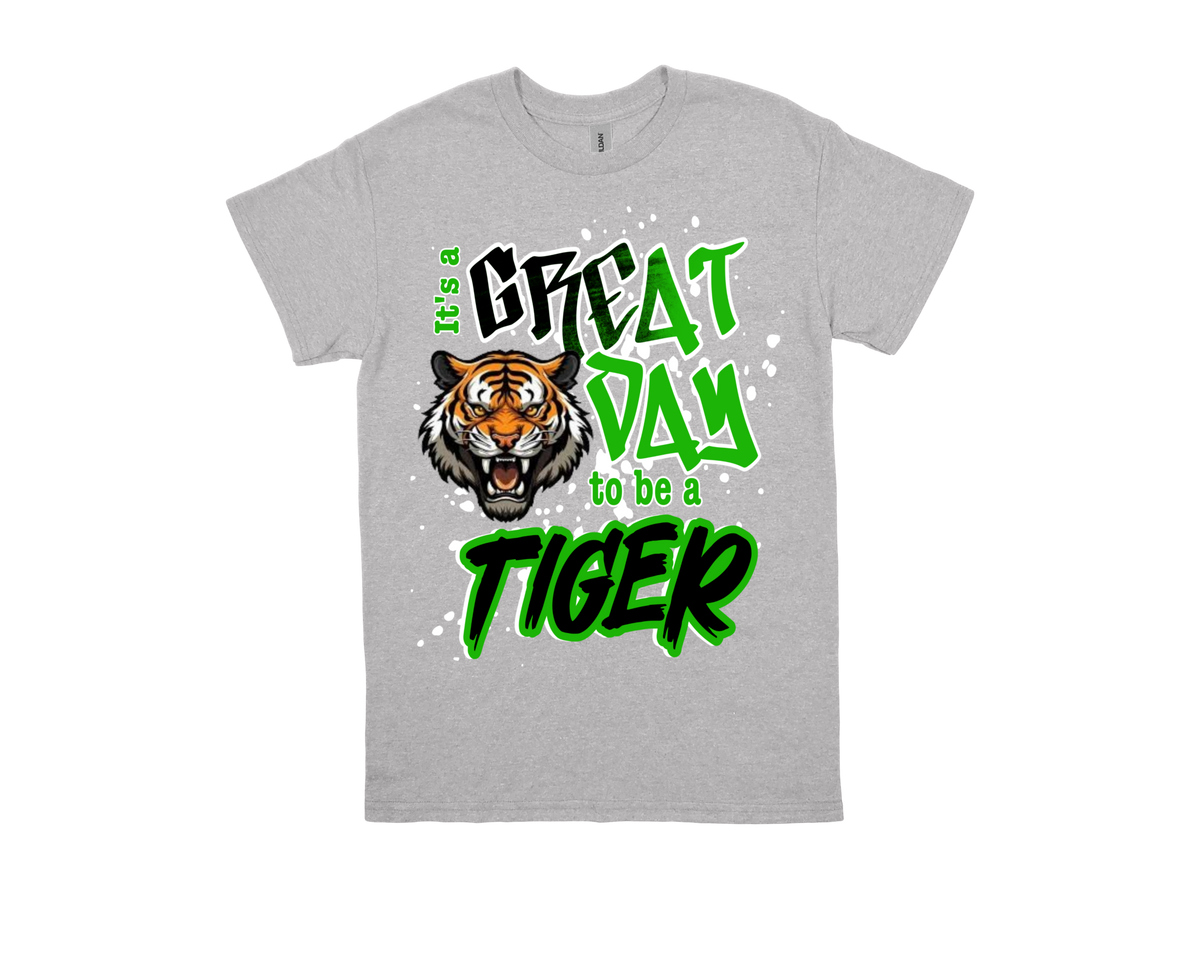Martin GREAT DAY TO BE A TIGER gray school spirit t-shirt with tiger graphic and green text design