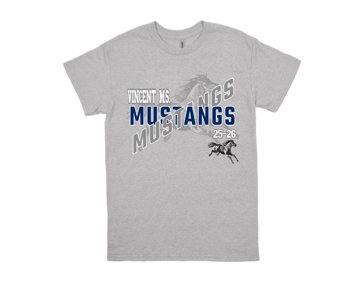 Vincent-MUSTANGS school spirit shirt in gray with blue and white text and mustang design