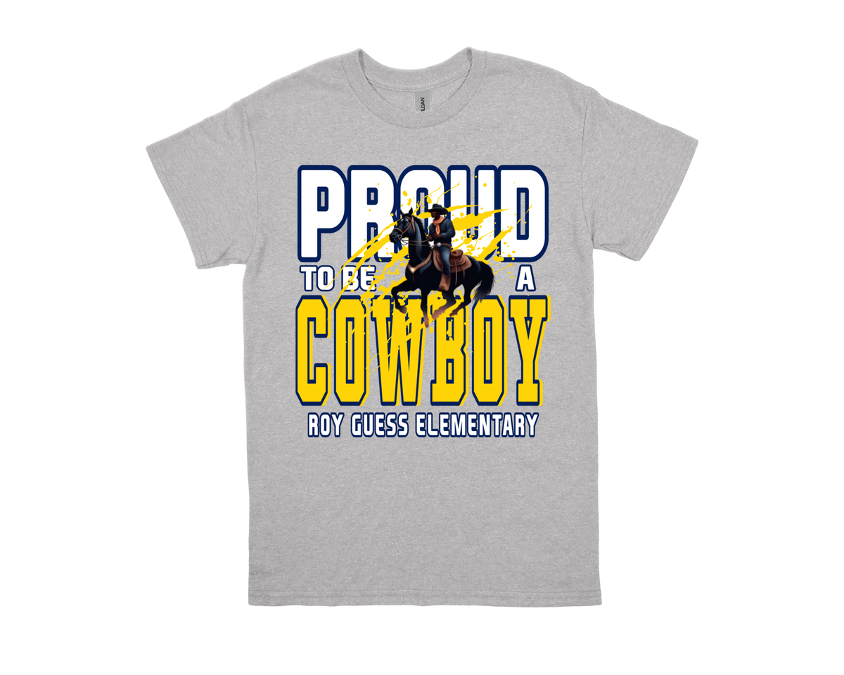 Roy Guess Proud to be a Cowboy gray school spirit t-shirt with cowboy graphic