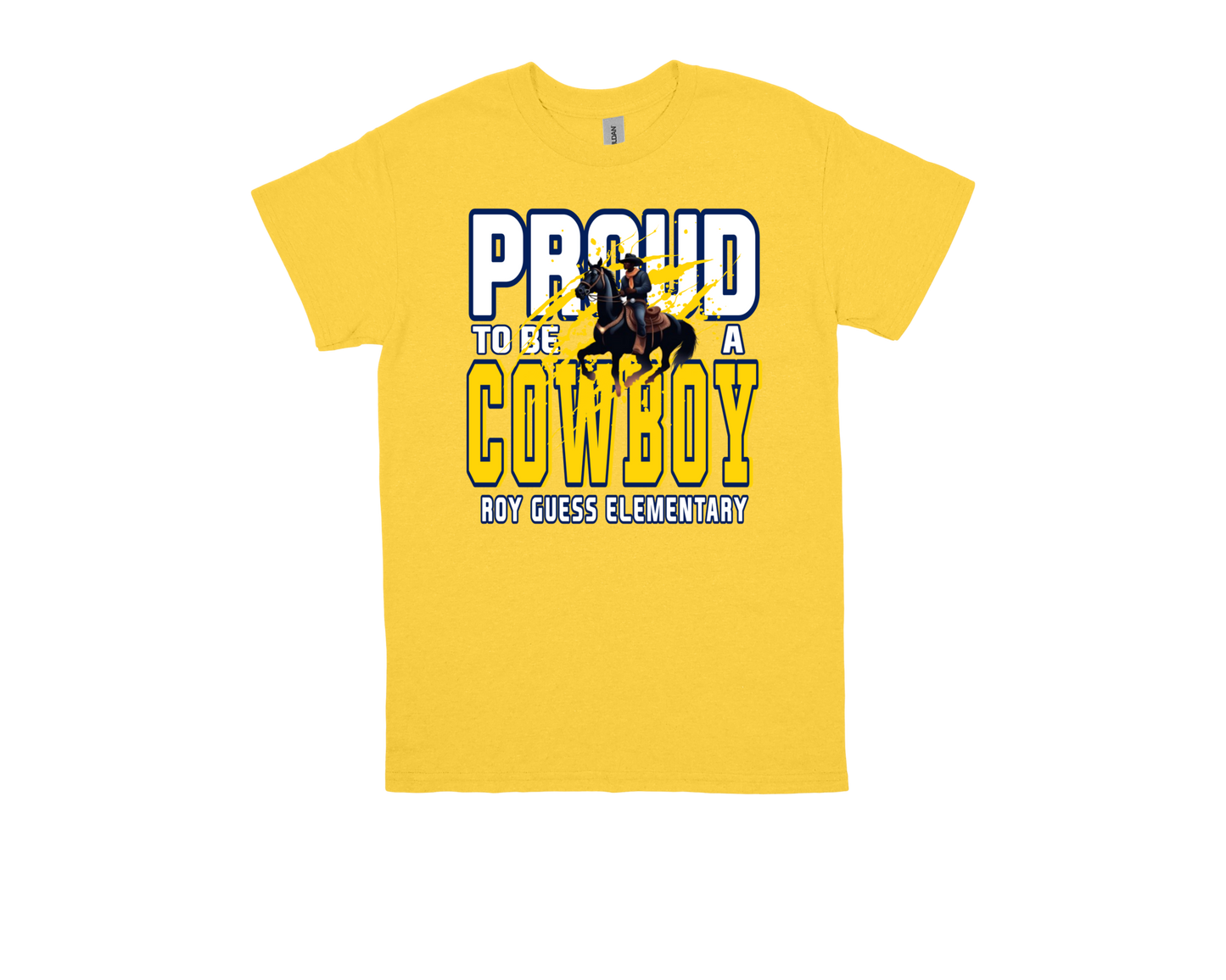 Yellow Roy Guess PROUD TO BE A COWBOY elementary school spirit shirt with cowboy graphic