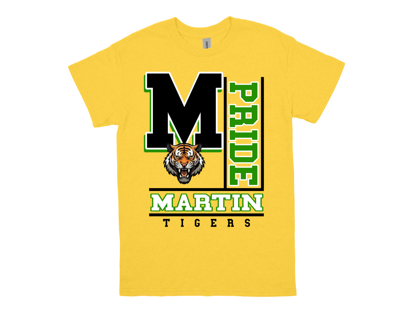 Yellow Martin-PRIDE spirit shirt with black M, tiger mascot, and green PRIDE text