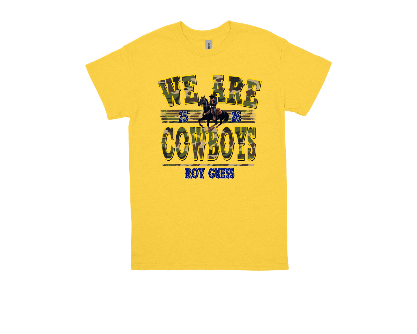 Yellow Roy Guess-WE ARE COWBOYS school spirit t-shirt with cowboy graphic and bold text design