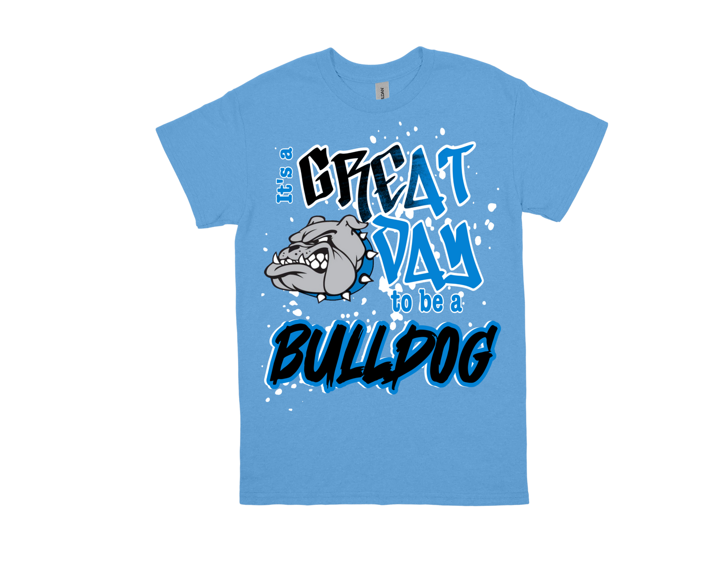 Charlton Pollard light blue t-shirt with "It's a GREAT DAY to be a BULLDOG" and bulldog graphic design