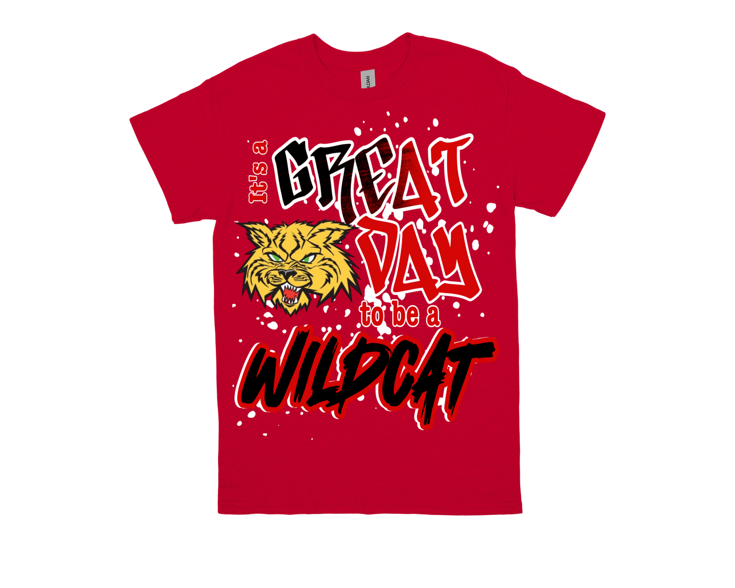 Red Blanchette t-shirt with "It's a GREAT DAY to be a WILDCAT" text and wildcat graphic for school spirit