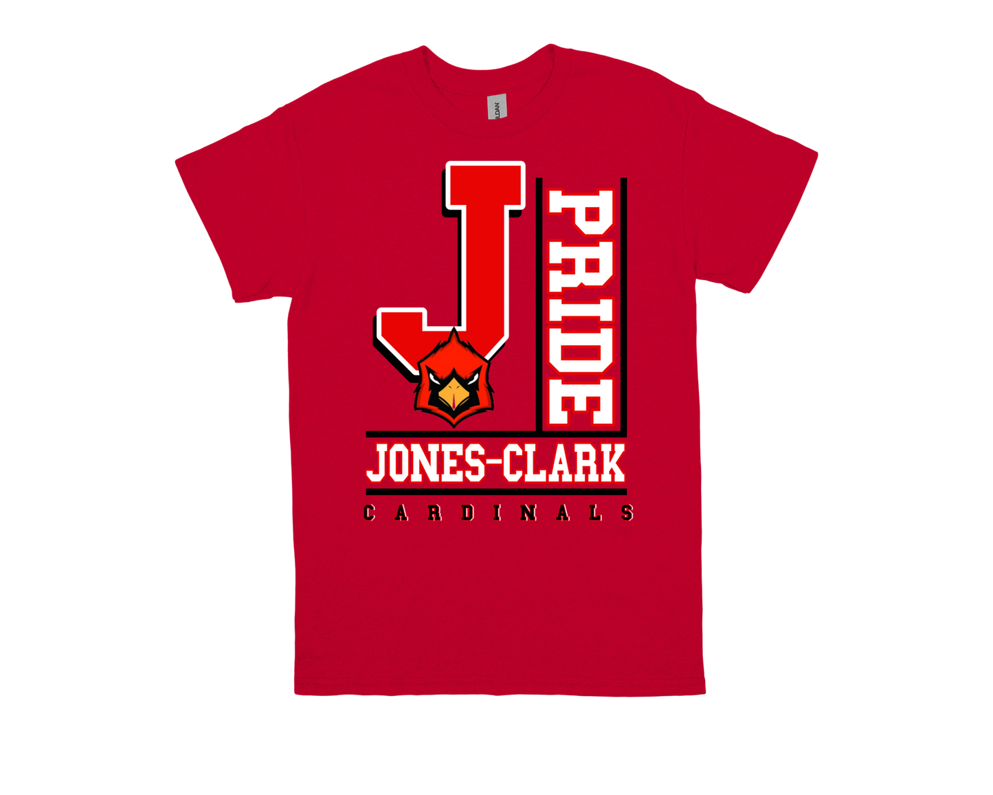 Red Jones Clark-PRIDE spirit shirt with cardinal mascot and bold school pride lettering
