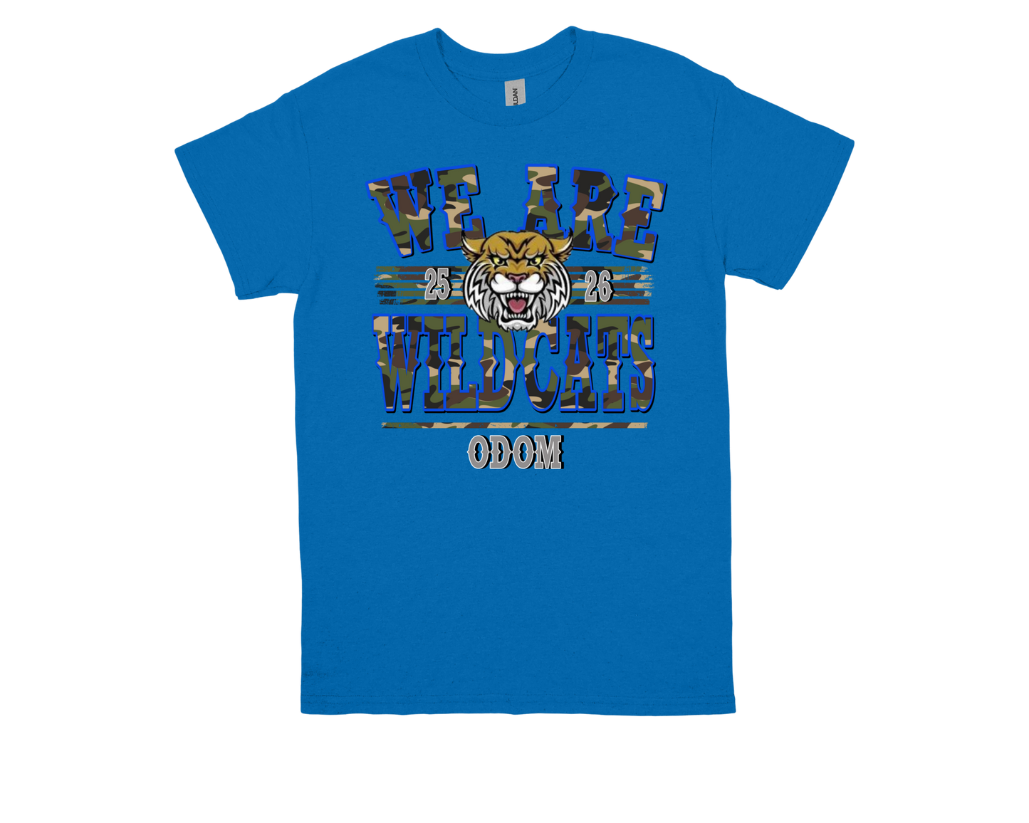 Blue ODOM We Are Wildcats school spirit T-shirt with wildcat logo and text design
