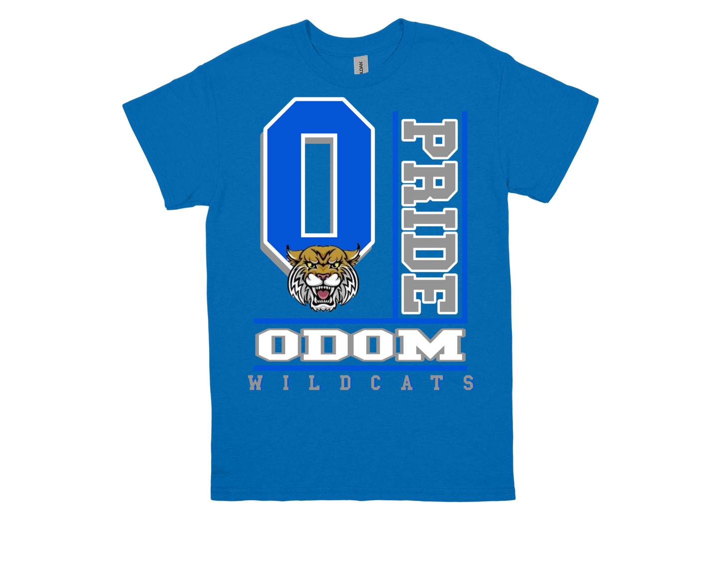 Blue ODOM- PRIDE spirit shirt with wildcat logo and bold school pride design