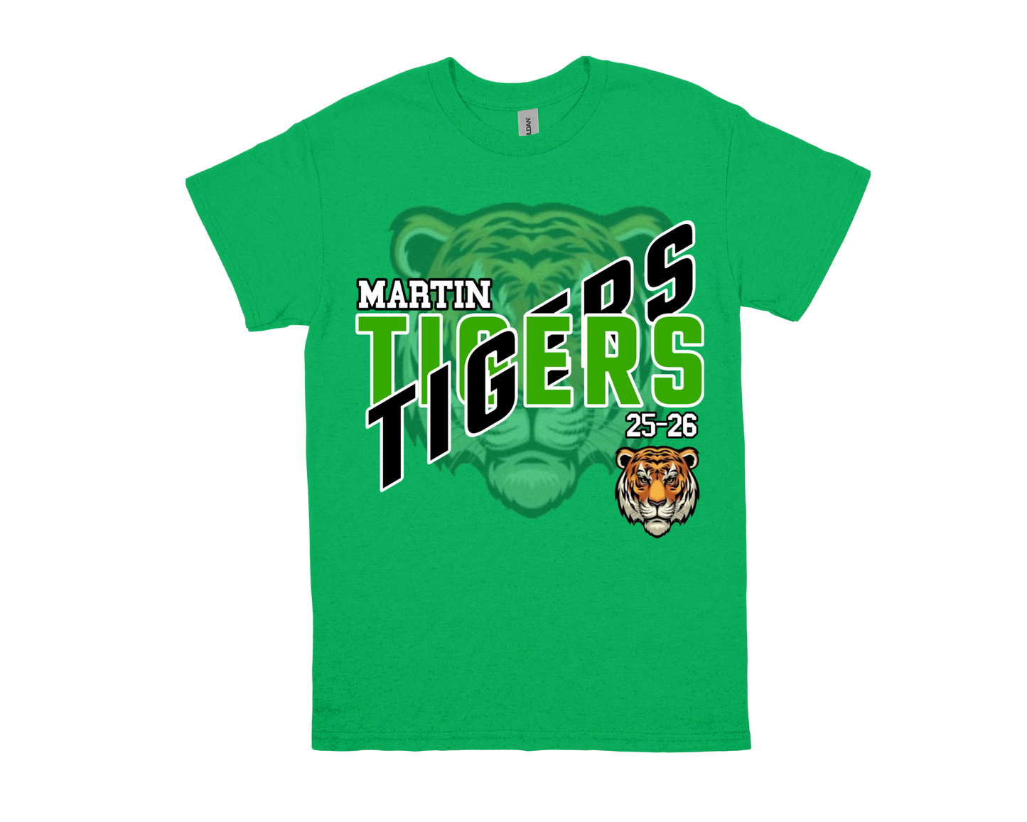 Green Martin-TIGERS school spirit t-shirt with tiger graphic and bold text design