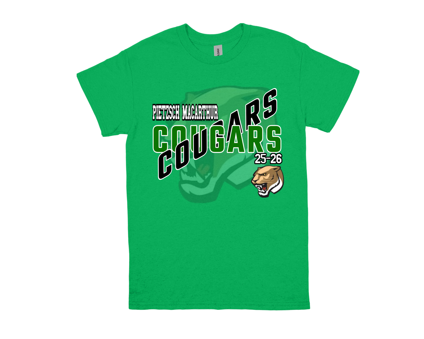 green Pietzsch MacArthur-COUGARS school spirit t-shirt with cougar logo and bold text design