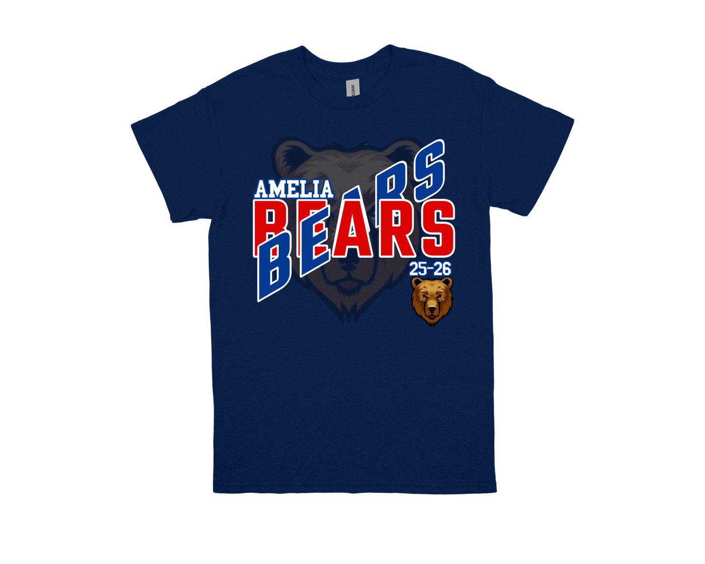 Navy blue Amelia-BEARS school spirit t-shirt with bear graphic and bold red and white text design
