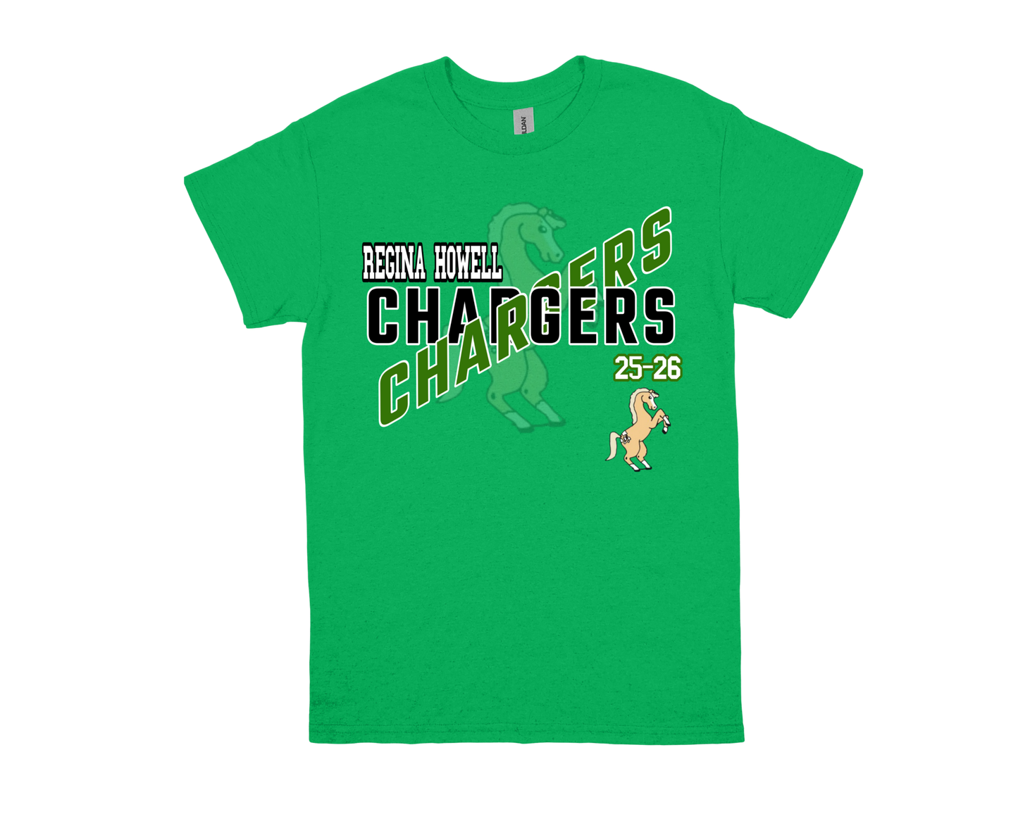 Green Regina Howell-CHARGERS school spirit t-shirt with team logo and year 25-26