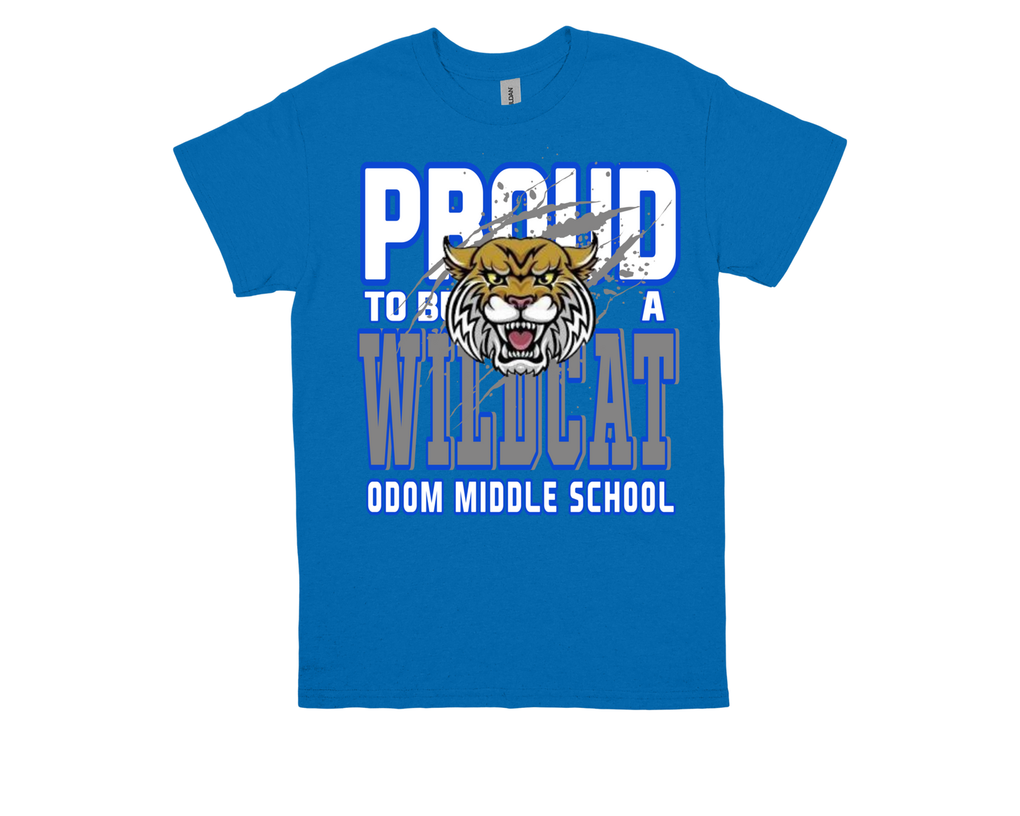 Blue ODOM Proud to Be a Wildcat shirt with wildcat mascot and Odom Middle School text