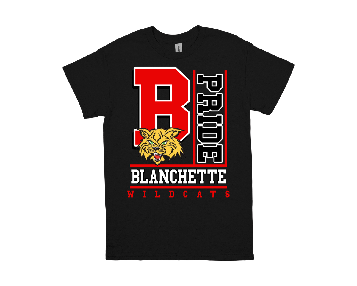 Black Blanchette-PRIDE spirit shirt with red and white lettering and wildcat mascot design