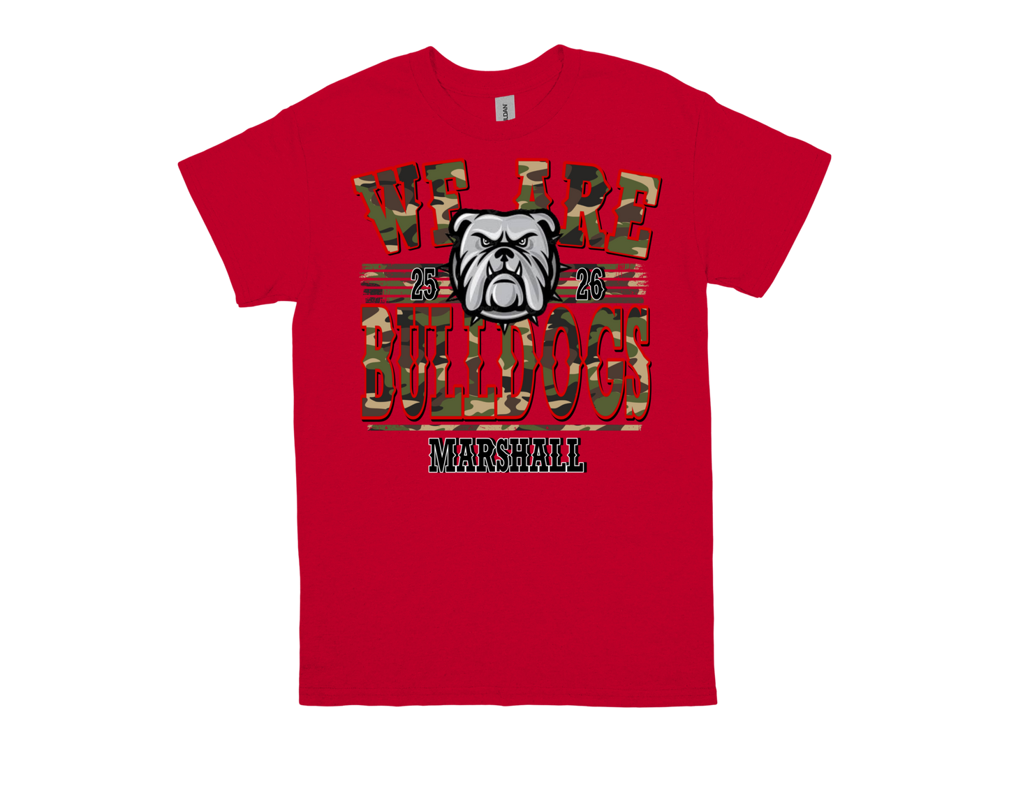 Red Marshall WE ARE BULLDOGS school spirit t-shirt with bulldog graphic and bold lettering