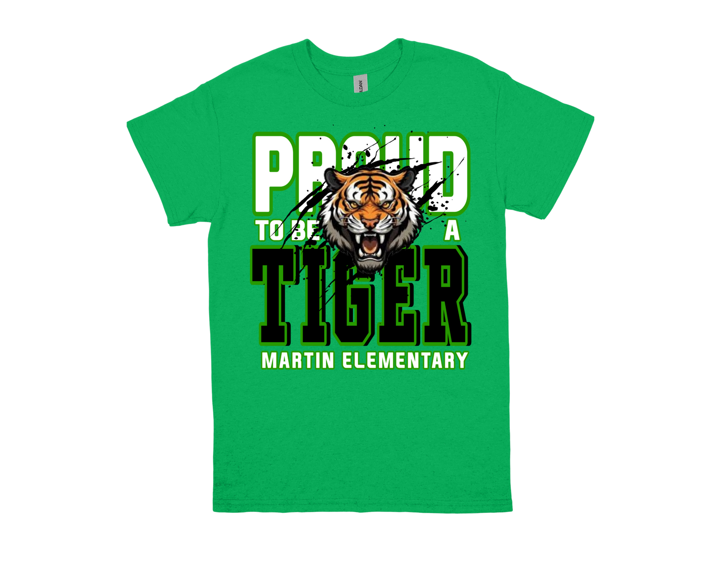 Martin-PROUD TO BE A TIGER green shirt with tiger graphic and Martin Elementary text