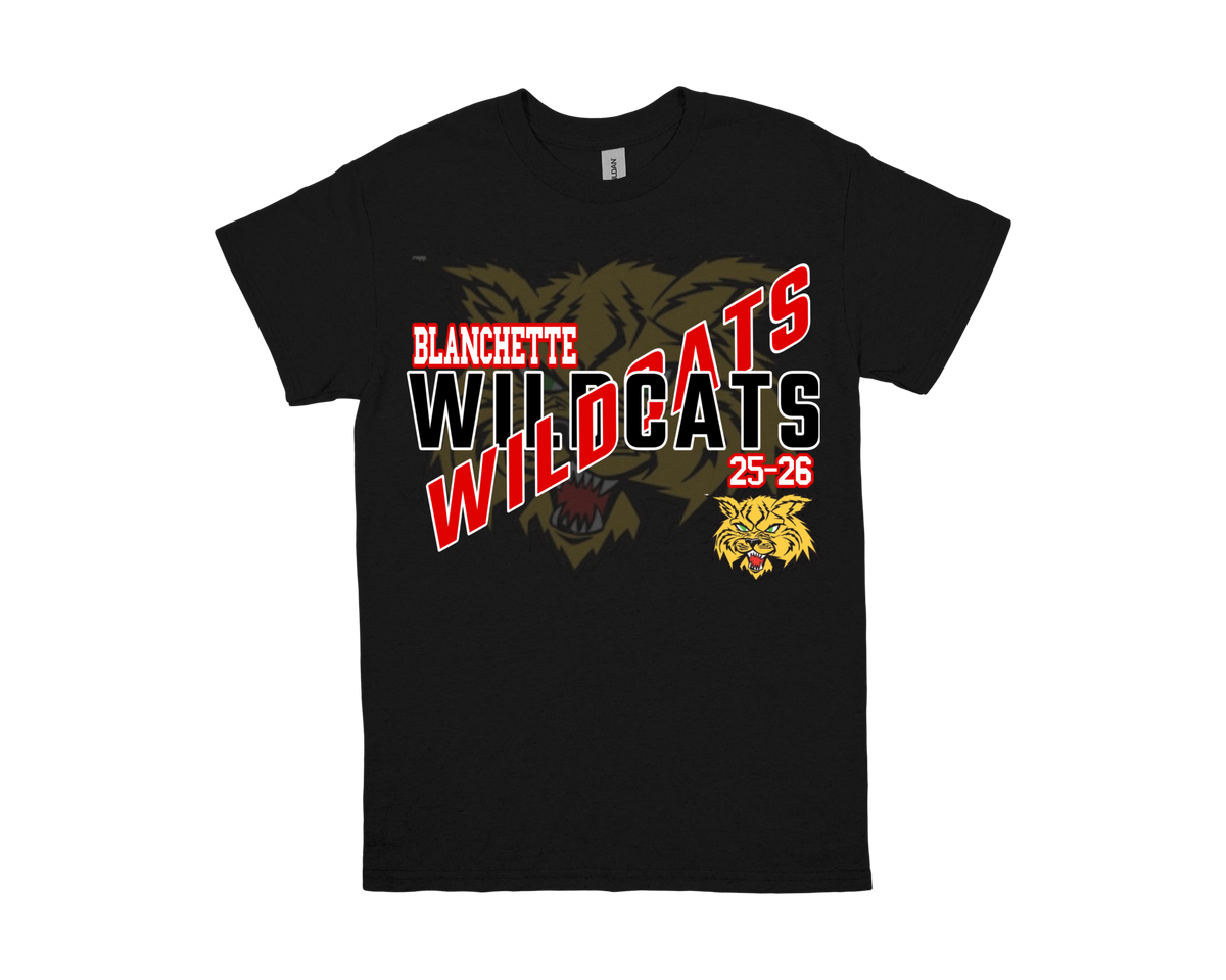 Black Blanchette Wildcats shirt with bold red and white team logo and wildcat graphic