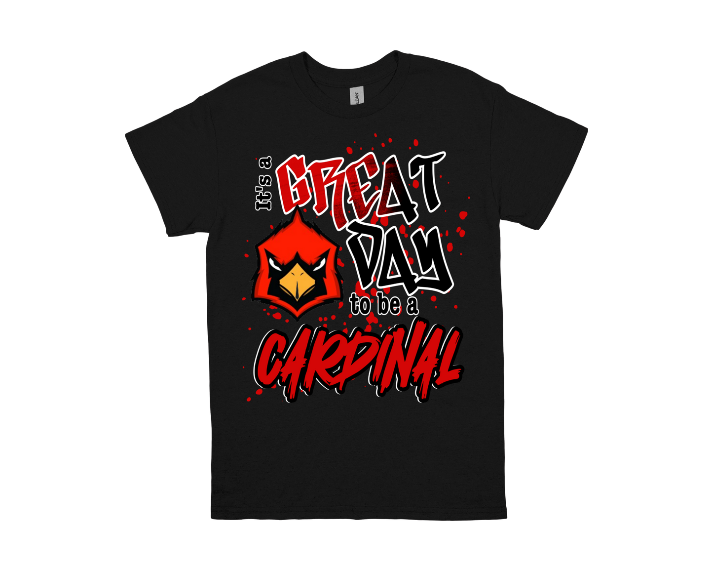 Jones Clark black T-shirt with "It's a GREAT DAY to be a CARDINAL" text and red cardinal bird graphic
