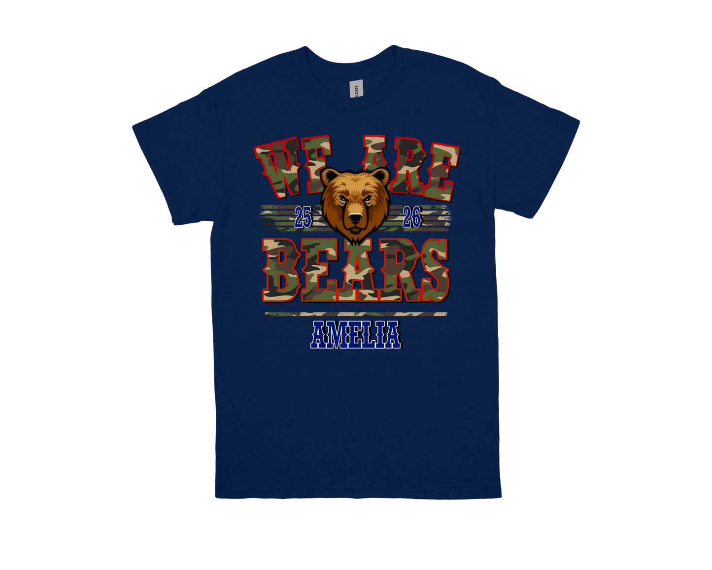 Amelia-WE ARE BEARS navy school spirit t-shirt with bear graphic and bold lettering