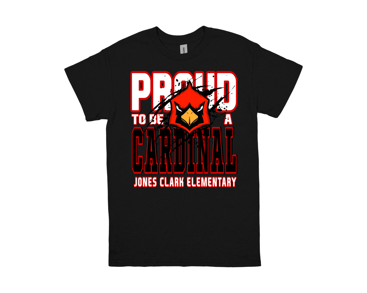 Jones Clark PROUD TO BE A CARDINAL black shirt with red cardinal mascot design and school pride text