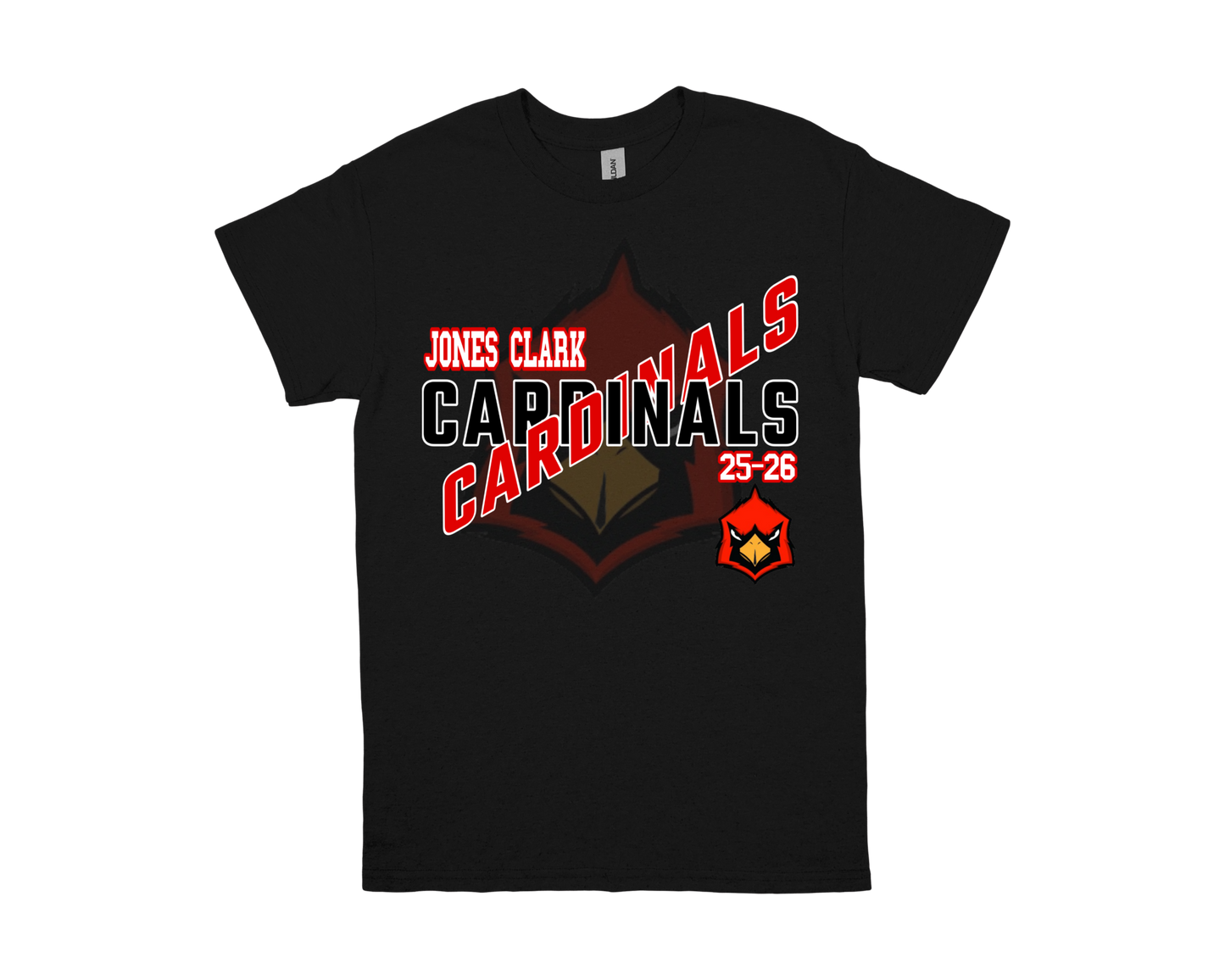 Jone Clark-CARDINALS black school spirit t-shirt with red and white lettering and cardinal mascot logo
