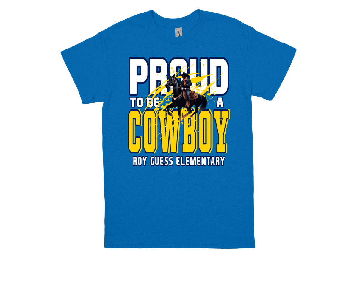 Roy Guess Elementary Proud to Be a Cowboy blue t-shirt with cowboy graphic and school pride text