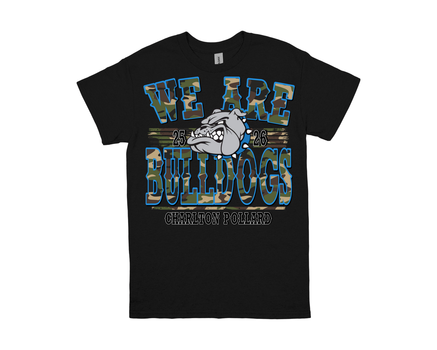Charlton Pollard black t-shirt with "WE ARE BULLDOGS" text and bulldog mascot design