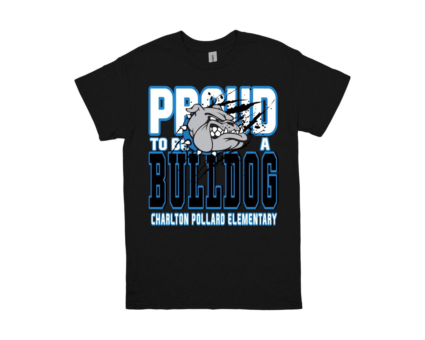 Charlton Pollard Proud to Be a Bulldog black school spirit t-shirt with mascot graphic