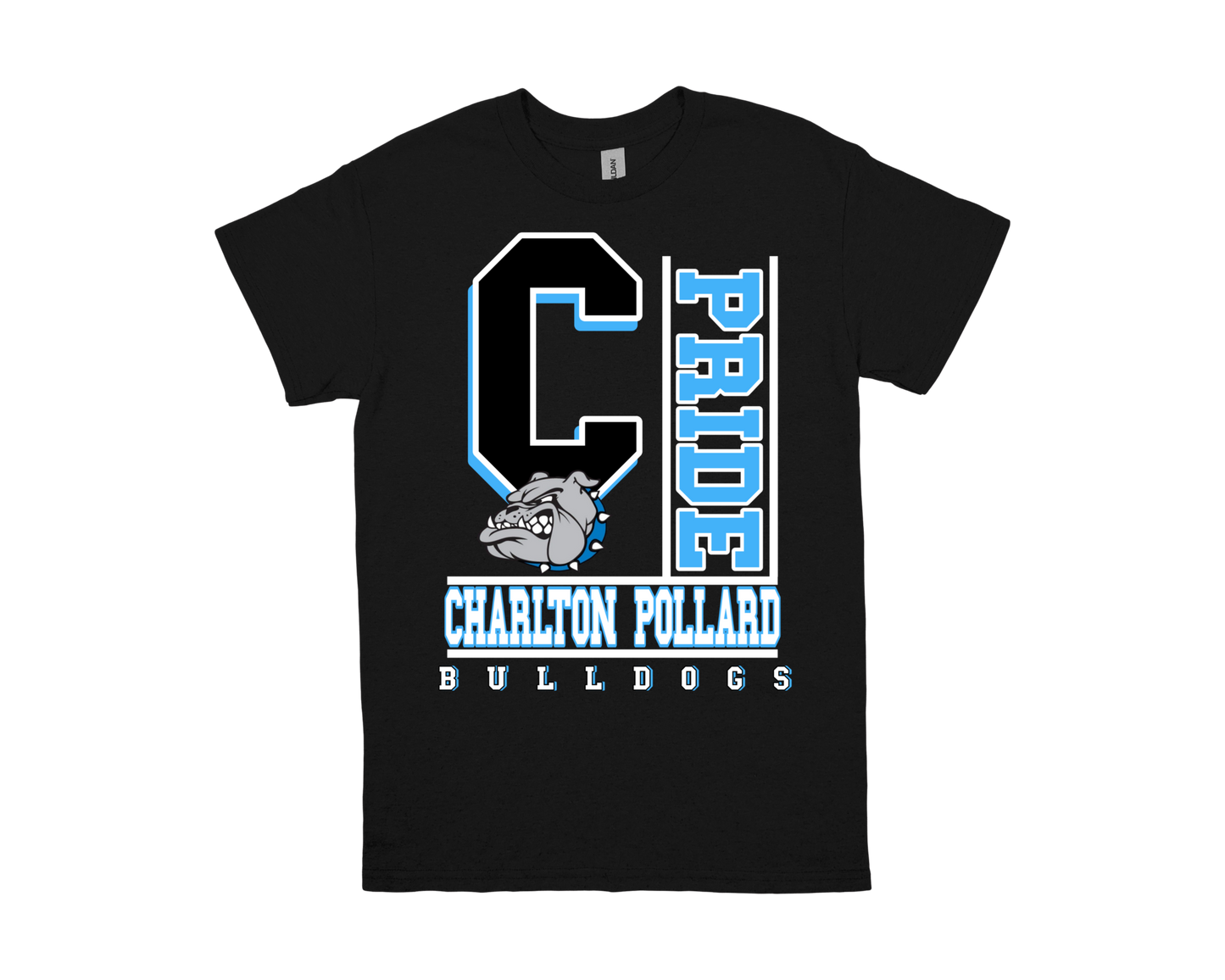 Charlton Pollard- PRIDE black shirt with bulldog mascot and school spirit design