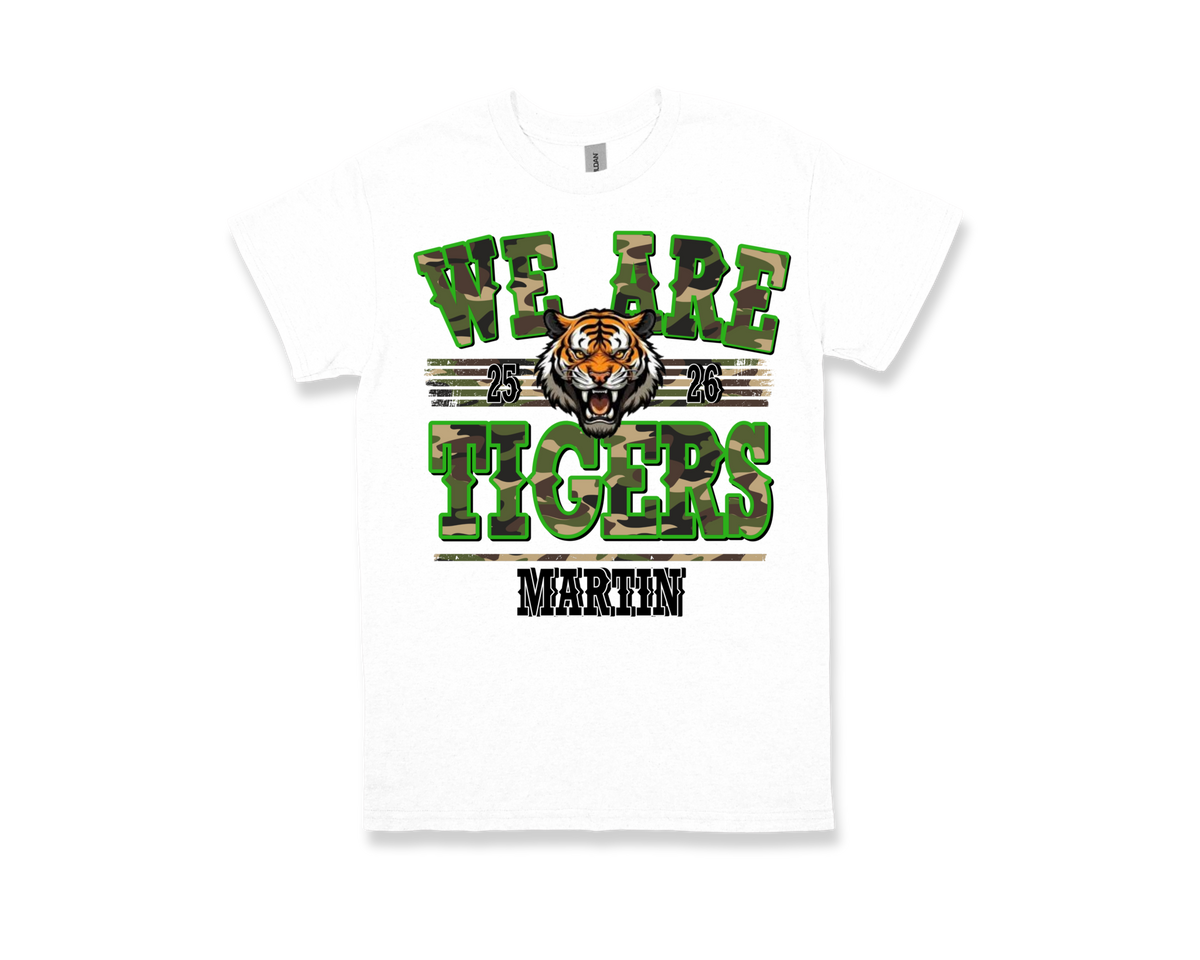 White Martin-WE ARE TIGERS spirit shirt with green and black lettering and tiger graphic