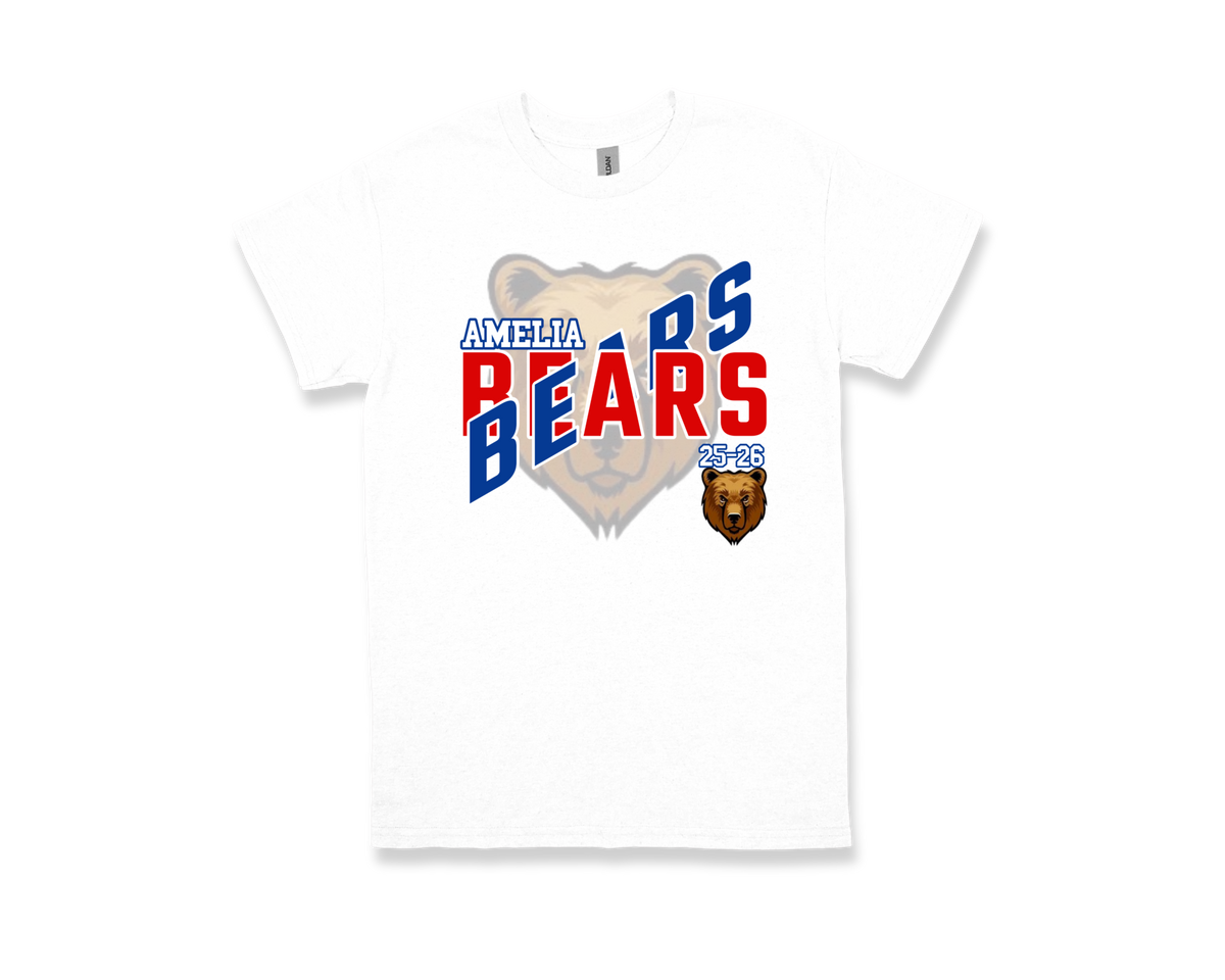White Amelia-BEARS school spirit t-shirt with bear graphic and red and blue text design