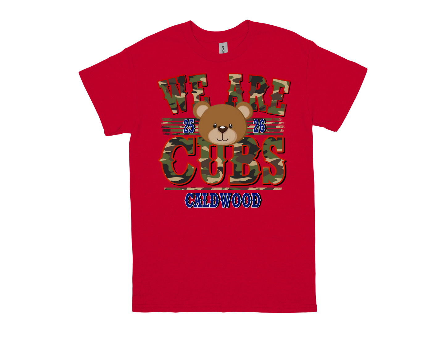 Caldwood-WE ARE CUBS red school spirit shirt with camo text and bear mascot design