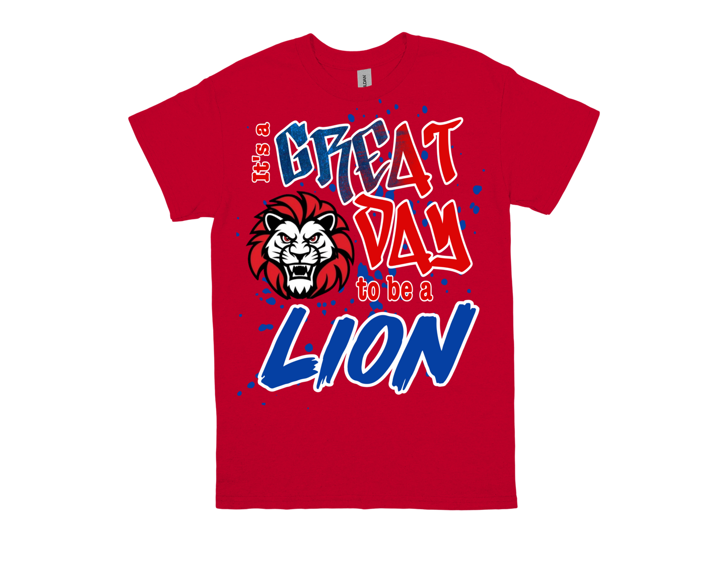 Fehl Price red shirt with "Great Day to Be a Lion" graphic and lion mascot design for school pride