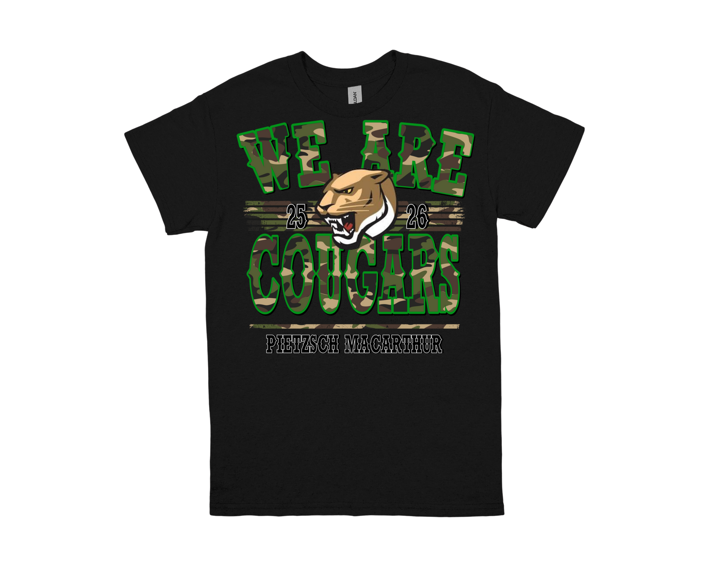 Pietzsch MacArthur-WE ARE COUGARS black school spirit shirt with cougar mascot and bold green camo text design