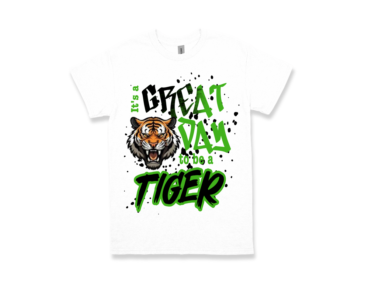 White Martin GREAT DAY TO BE A TIGER school spirit shirt with roaring tiger graphic and green text design