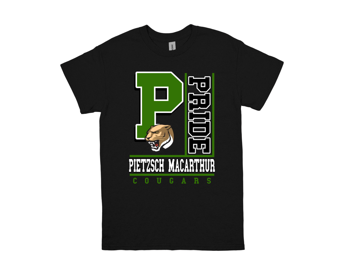 Black Pietzsch MacArthur-PRIDE shirt with green "P" and cougar logo design