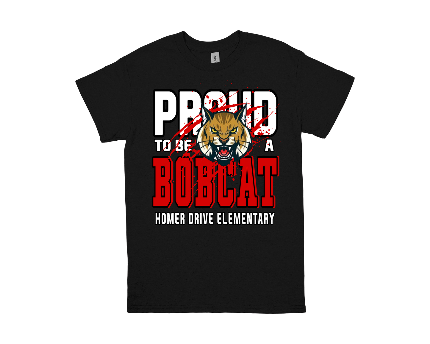 Black Homer Drive-PROUD TO BE A BOBCAT t-shirt with bold school spirit design and bobcat mascot for Homer Drive Elementary