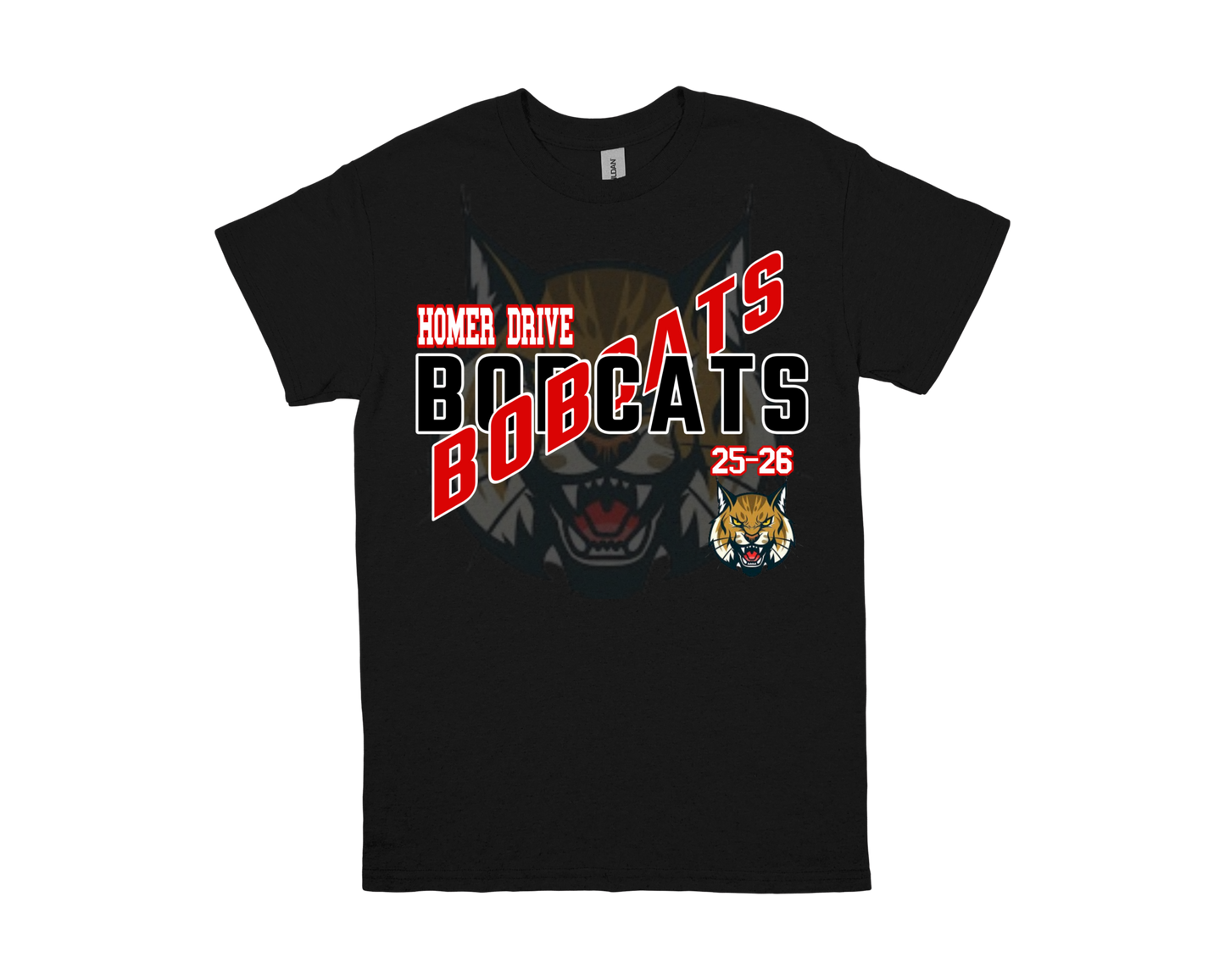 Black Homer Drive-BOBCATS spirit shirt with bobcat graphic and red and white text design
