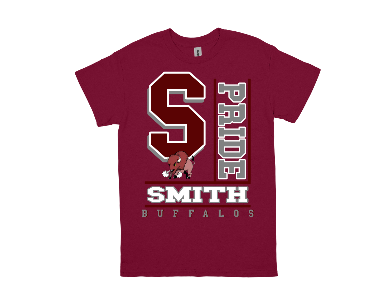 Smith M.S.-PRIDE maroon t-shirt with large "S", buffalo mascot, and school spirit text design
