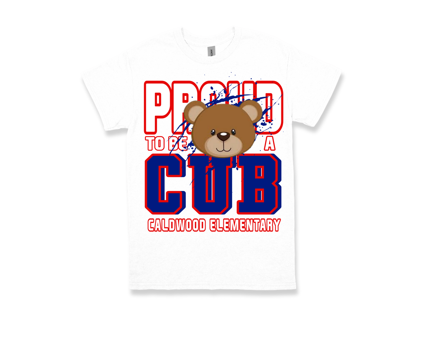 White Caldwood-PROUD TO BE A CUB shirt with bear graphic and red-blue text for school spirit