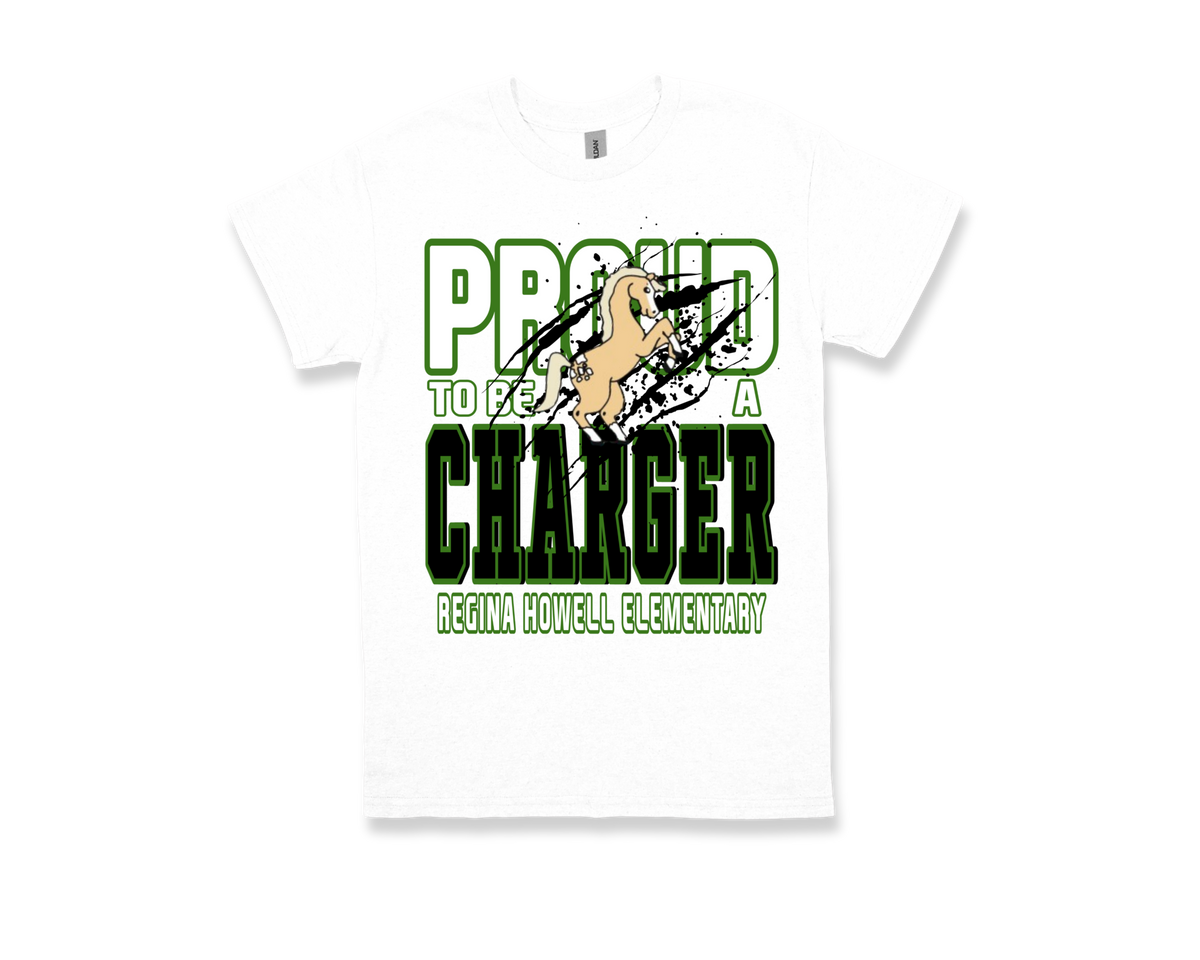 White Regina Howell-PROUD TO BE A CHARGER t-shirt with green and black text and a horse graphic