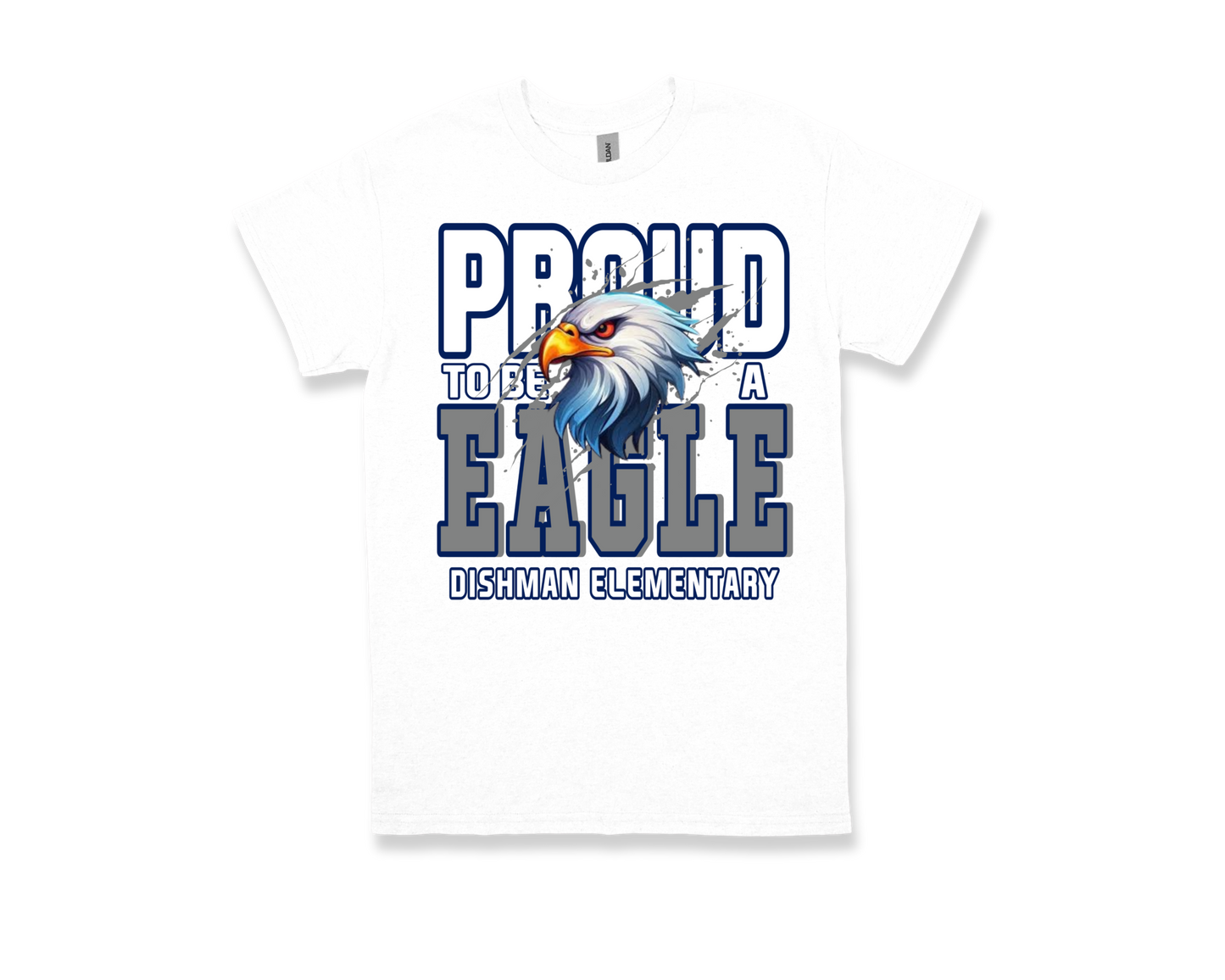 White Dishman PROUD TO BE AN EAGLE t-shirt with eagle graphic for school spirit and pride