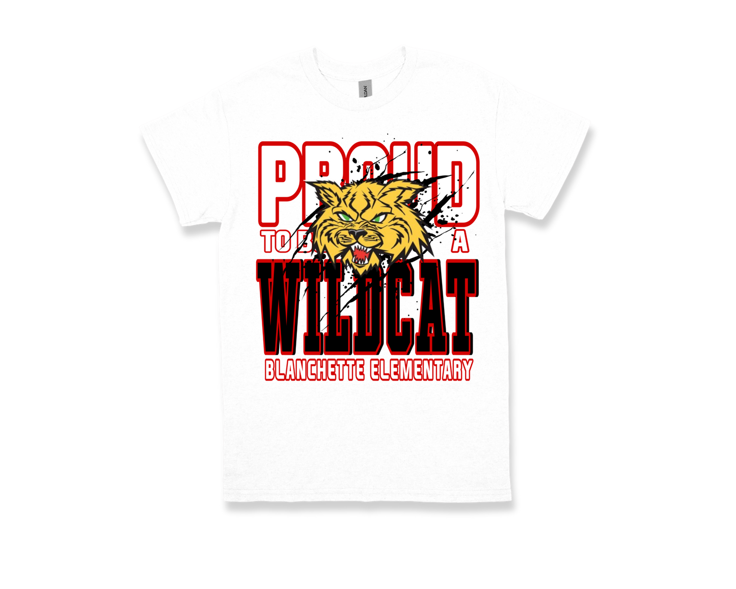 White Blanchette PROUD TO BE A WILDCAT shirt with wildcat graphic and school pride text