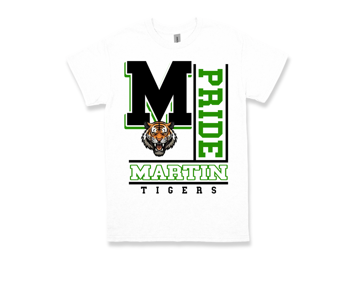 White Martin-PRIDE spirit shirt featuring a bold "M" with a tiger face and "PRIDE" and "MARTIN TIGERS" text in green and black