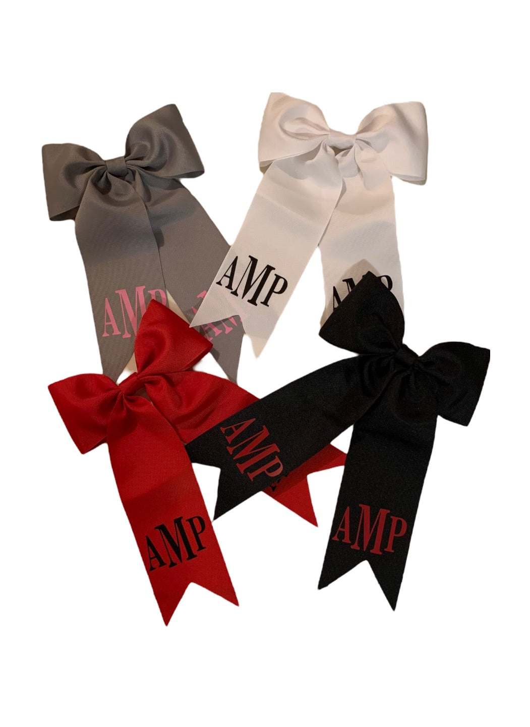 Personalized Initial Bows in gray, white, red, and black with custom initials for kids' back-to-school fashion from G.T.C. Boutique