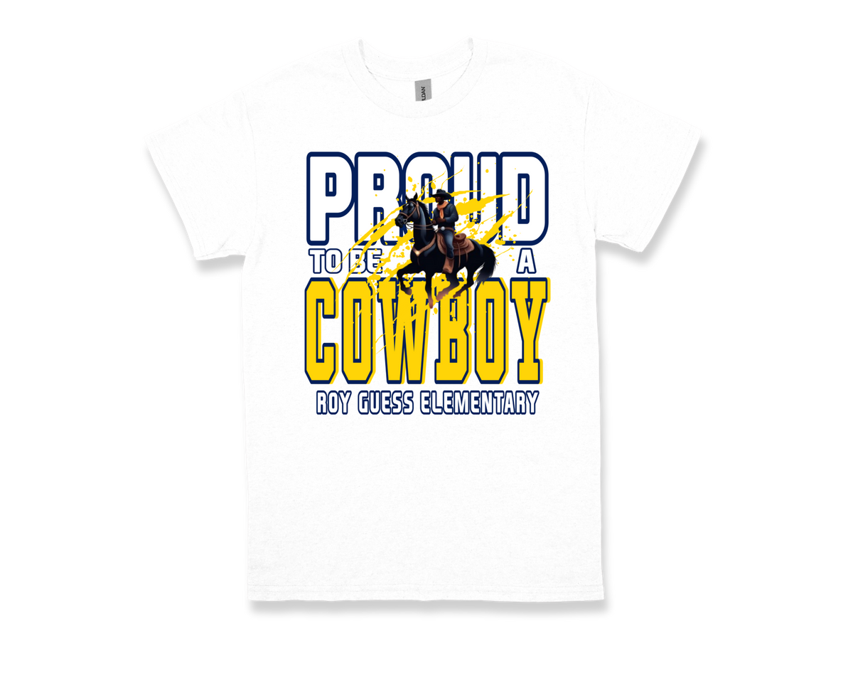White Roy Guess PROUD TO BE A COWBOY elementary school spirit t-shirt with cowboy graphic
