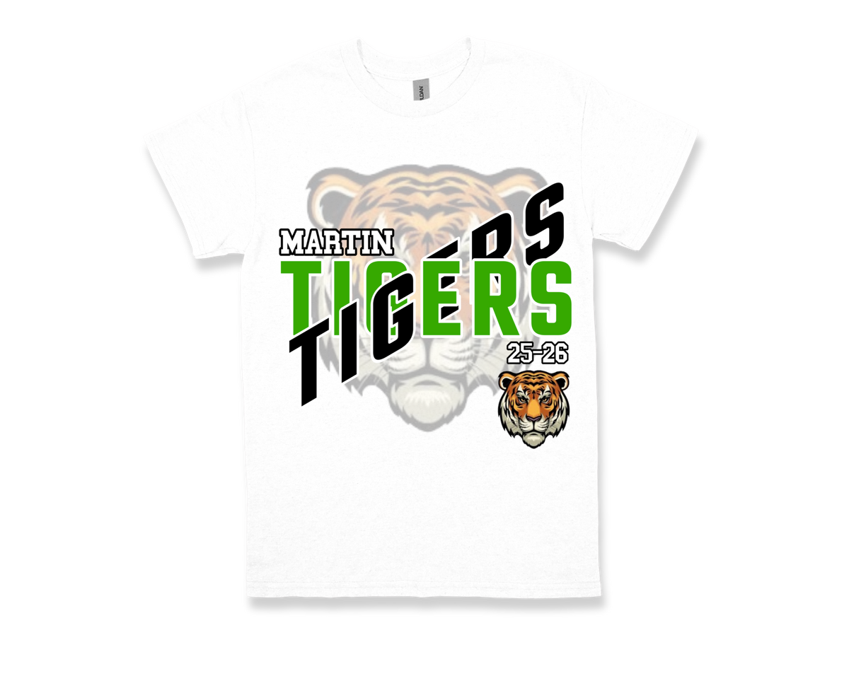 White Martin-TIGERS school spirit t-shirt with green and black text and tiger graphic