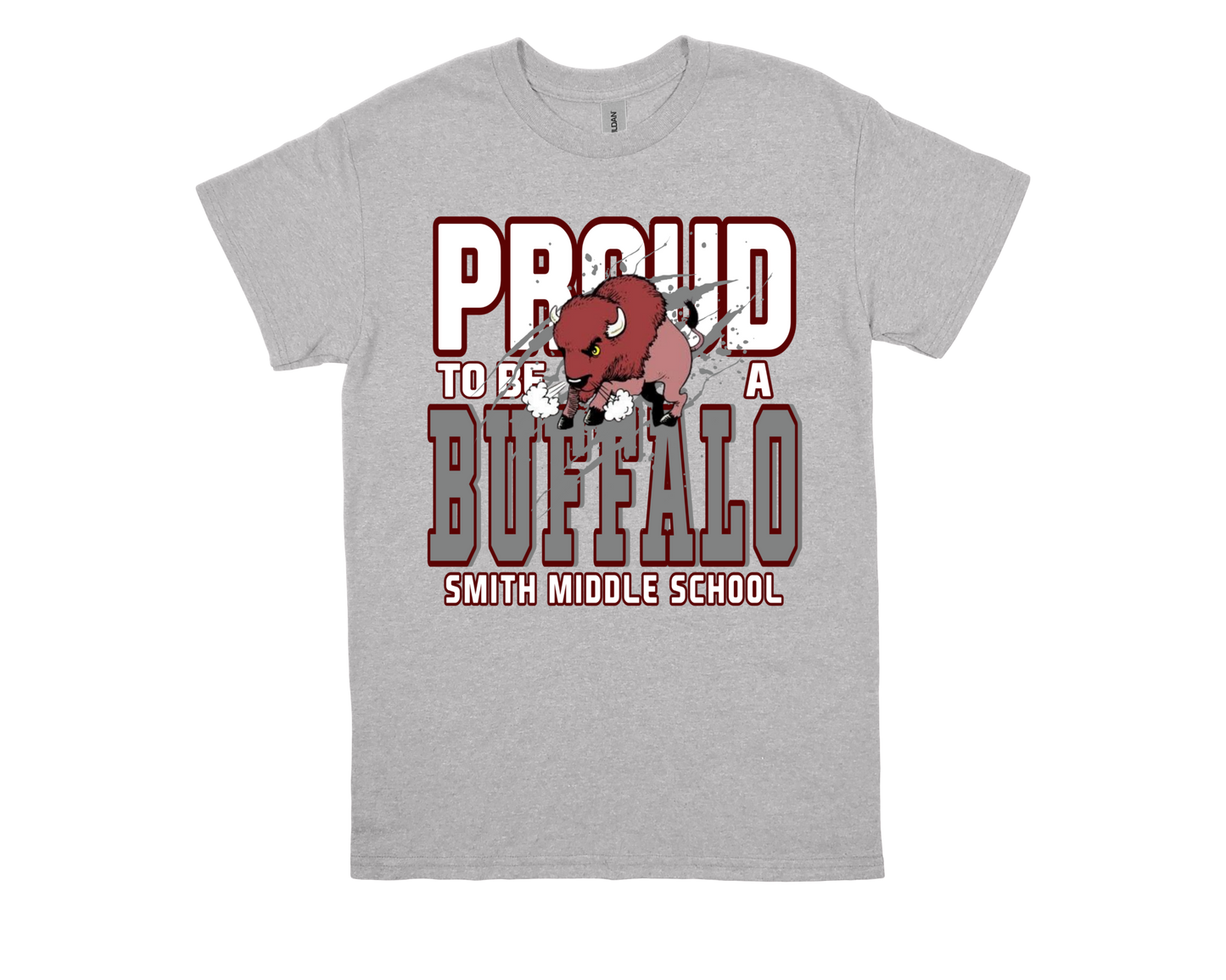 Smith M.S. Proud to Be a Buffalo gray school spirit t-shirt with buffalo graphic