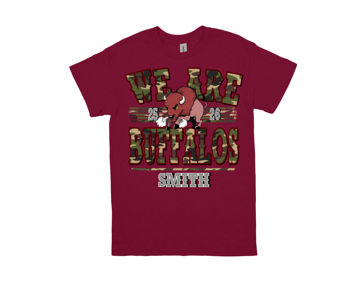 Smith M.S. maroon t-shirt with "WE ARE BUFFALOS" text and buffalo graphic school spirit design