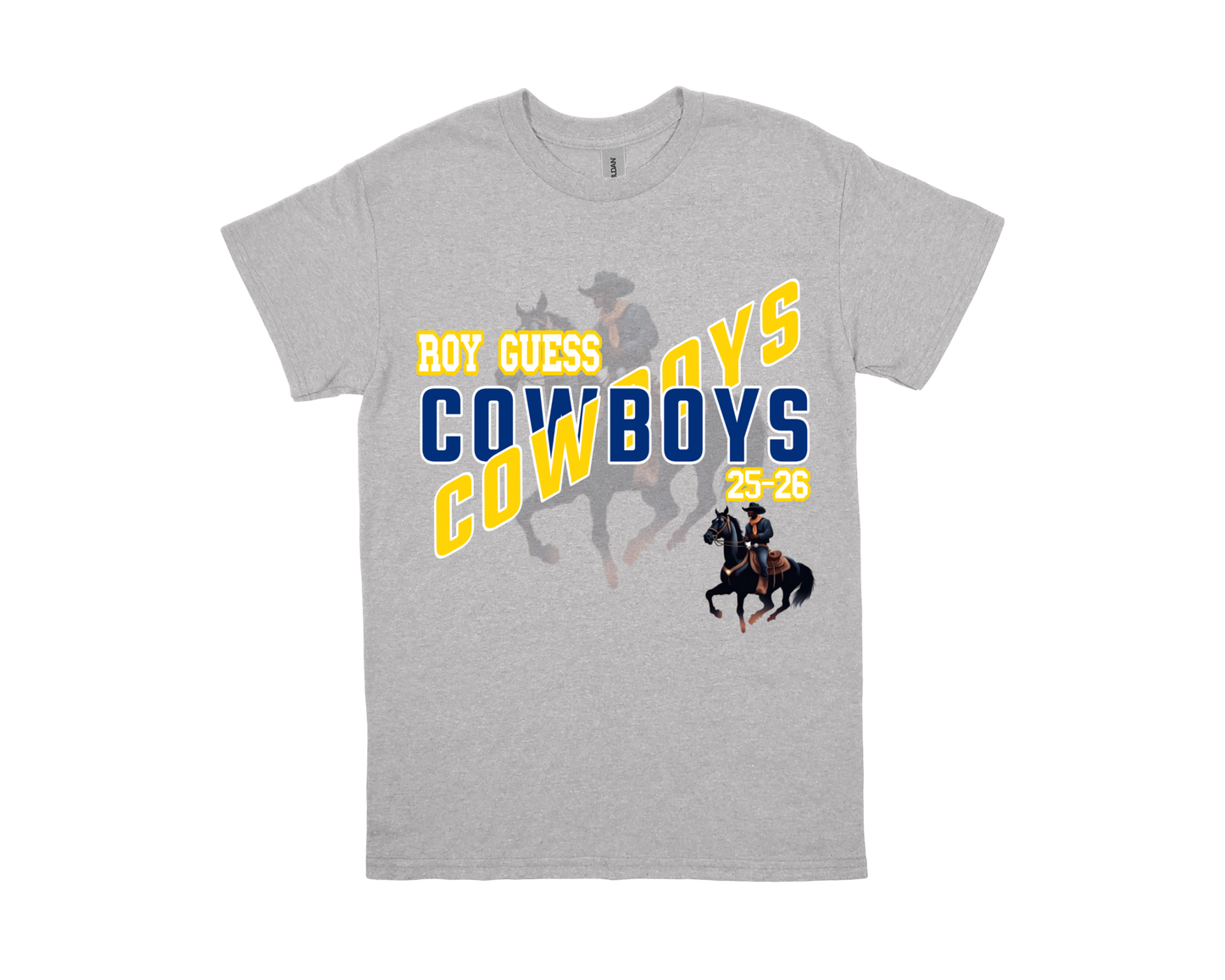 Roy Guess-COWBOY gray spirit shirt with cowboy riding horse graphic and bold text design